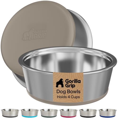 GORILLA GRIP Dog Bowls, Food Grade 304 Stainless Steel, Holds 4 Cups Each (32 fl oz) Food and Water Bowl for Feeding Dogs and Cats, Dishwasher Safe, Rust Resistant, BPA Free Rubber Base Set of 2 Beige - color: Beige, size: 4 Cup (32 Oz)