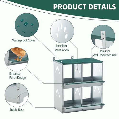 4 Compartments Metal Chicken Nesting Box,Wall Mounted Egg Box,Green,Rustproof and Easy to Clean