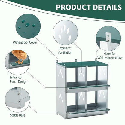 4 Compartments Metal Chicken Nesting Box,Wall Mounted Egg Box,Green,Rustproof and Easy to Clean