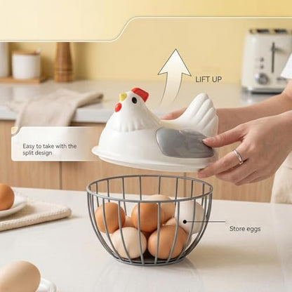 Chicken Egg Basket Metal Wire Egg Holder Countryside Farmhouse Style Storage Basket with Portable Handles Suitable for Collection Home, Gray Lid