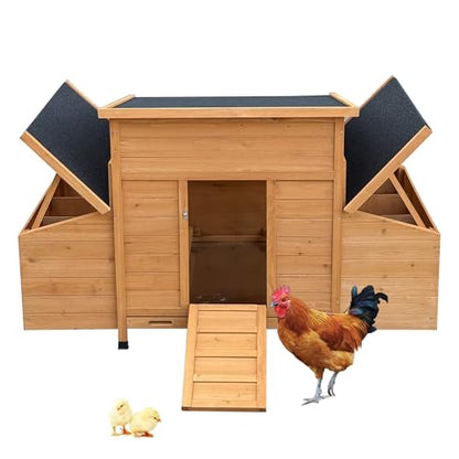 Large Wooden Chicken Coop with Waterproof Asphalt Roof, Fir Wood Poultry House with 6 Nesting Boxes & Ramp, Outdoor Weatherproof Hen Cage with Removable Tray for 6–8 Chickens