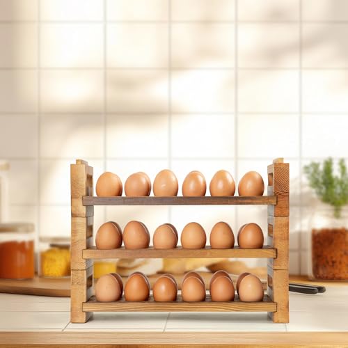 Egg Holder Countertop, 3-Tier Egg Storage for Countertop Organizer, Holds 36 Eggs, Wooden Egg Holder Fits Duck, Turkey, Chicken Eggs