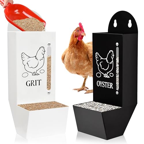 2Pack Chicken Grit and Oyster Shell Feeder, Poultry Feeder with Visual Window, No-Mess Weatherproof, Metal Hanging Gravity Chicken Feeder, Chicken Coop Accessories (Combo-Black/White) - color: Combo-Black/White