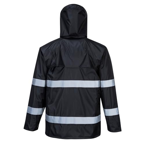 Portwest F440 Men's Hi Vis Waterproof Hooded Rain Jacket - Classic Iona Reflective Rain Coat Black, Small - color: Black, size: Small