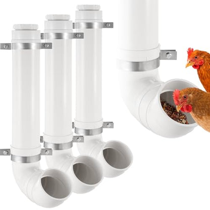 3 Pack Automatic Chicken Feeder No Waste, PVC Pipe Chicken Coop Feeder, Rat Proof Chicken Feeders, with Lid Hanging for Chicken Poultry Feeder - color: 3 pack