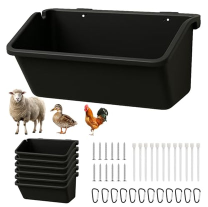 6 Pack Hanging Goat Feeder & Mineral Trough, 5 Qt Fence Feed Trough for Goats, Sheep, Ducks & Chickens, Plastic Farm Feed Bucket with Clips, Zip Ties & Screws, for Grain, Grit & Minerals - color: 6 Pack
