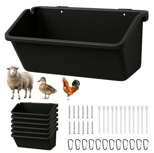 6 Pack Hanging Goat Feeder & Mineral Trough, 5 Qt Fence Feed Trough for Goats, Sheep, Ducks & Chickens, Plastic Farm Feed Bucket with Clips, Zip Ties & Screws, for Grain, Grit & Minerals - color: 6 Pack