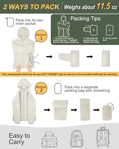 Outdoor Ventures Women's Packable Lightweight Full-Zip Puffer Jacket with Hood Quilted Winter Coat - color: Beige(fold in Pocket), size: Medium