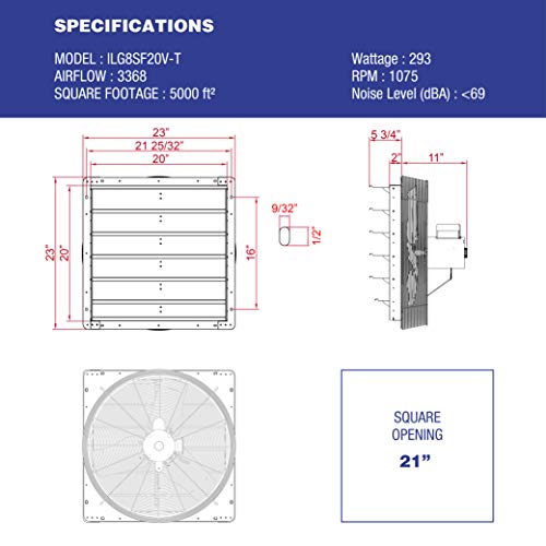 iLiving ILG8SF20V-T 20 inch Shutter Exhaust Attic Garage Grow, Ventilation Fan with 3 Speed Thermostat 6 Foot Long 3 Plugs Cord, 20" - Variable, 3368 CFM, 5000 SQF Coverage Area, Silver - size: 20"