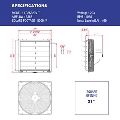 iLiving ILG8SF20V-T 20 inch Shutter Exhaust Attic Garage Grow, Ventilation Fan with 3 Speed Thermostat 6 Foot Long 3 Plugs Cord, 20" - Variable, 3368 CFM, 5000 SQF Coverage Area, Silver - size: 20"