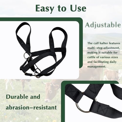 Cattle Cow Calf Halter, Calf Halter with Leading Rope, 18.9-23.23 Inch Adjustable Nylon Livestock Cattle Halter for Cattle, Miniature Horses, Foals, Donkeys, Goats (Black)