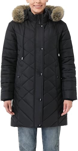 Women's Long Warm Winter Coat Windproof Thickened Fleece Lined Down Jacket Waterproof Puffer Outerwear with Removable Hood - color: Black, size: Large