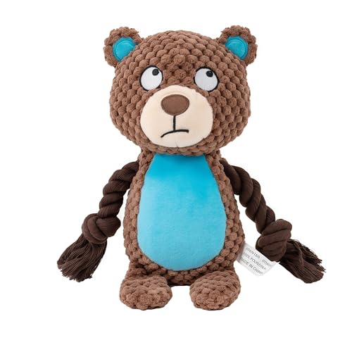 Plush Bear Dog Toy with Rope Arms, Squeaky Interactive Pet Toy, Brown and Blue, for Small & Medium Dogs - color: Brown