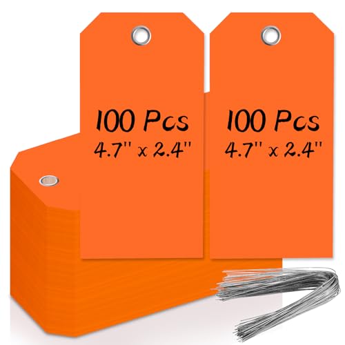 100 PCS 4 3/4" x 2 3/8" Neon Color Shipping Tags with Wire Blank Heavy Duty Hang Tags with Reinforcement Holes Writable Luggage Tag with String Marking Tags (Neon Orange, 4 3/4" x 2 3/8") - color: Neon Orange
