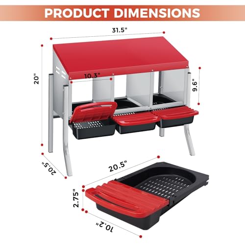 Garvee Nesting Boxes for Chickens - 3 Compartment Metal Stainless Steel Chicken Nesting Boxes with Pull-Out Trays,Hen Roosting & Laying Eggs,Roll Away Design,Easy to Install and Easy to Clean - color: Red, size: 3 Holes with legs