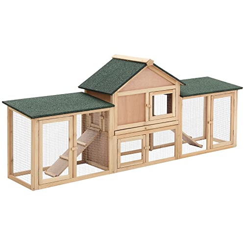 PawHut 83" L Outdoor Rabbit Hutch with Double Runs, Large Guinea Pig Cage Indoor, Wooden Bunny Hutch with Weatherproof Roof, Removable Tray, Ramps, for Rabbits, Chickens, Ducks, Natural - color: Natural