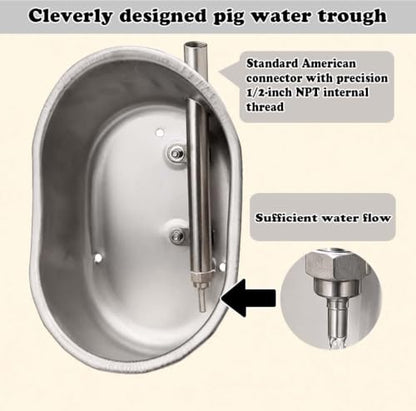 Large Stainless Steel Hog Waterer Bowl, Automatic Livestock Waterer with 1/2" Female NPT Connection, Heavy Duty 304 Stainless Steel Drinking Bowl for Pigs, Hogs, Swine and Farm Animals