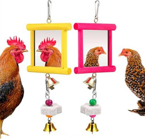 Chicken Toy Mirror - Hanging Swing Mirror with Bell & Molar Grinding Stones - Chicken Toys for Hens, Roosters & Parrots - Coop Accessories for Pecking & Beak Care (Pink+Yellow) - color: Pink+Yellow