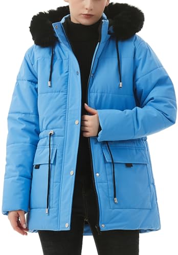 MOERDENG Women's Warm Winter Puffer Coat Thicken Fleece Lined Down Jacket Faux Fur Detachable Hood Snow Parka - color: Denim Blue, size: Large