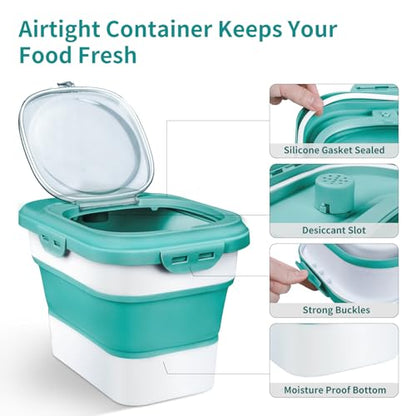 Komzon Rice Storage Container, Collapsible Airtight Food Storage Containers 6-20 Lbs, Rice Dispenser with Measuring Cup and Small Bin for Flour Cereal Pasta Grain, Cat Pet Dog Bird Food Container - color: Green