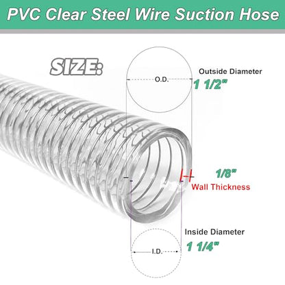 1-1/4"id-50ft PVC Reinforced Tubing Steel Wire Suction Flexible Hose Vinyl Tubing Heavy Duty PVC Vacuum Hose Drain Fuel Oil Gas Water for Marine Bilge Pump Pond Spa - size: 1-1/4"ID, style: 50 feet