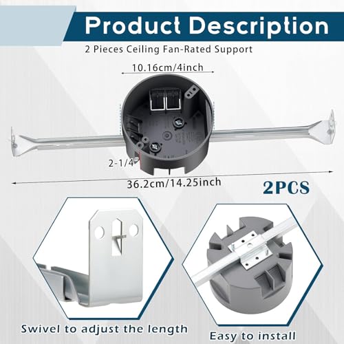 Therwen 2 Pcs Ceiling Fan Brace Electrical Box 14.25 to 22.5 Inch Adjustable Electrical Box and Support Bar Fan Mounting Bracket for Summer Light Fixtures Installations (Gray)