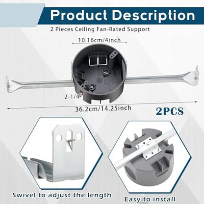 Therwen 2 Pcs Ceiling Fan Brace Electrical Box 14.25 to 22.5 Inch Adjustable Electrical Box and Support Bar Fan Mounting Bracket for Summer Light Fixtures Installations (Gray)
