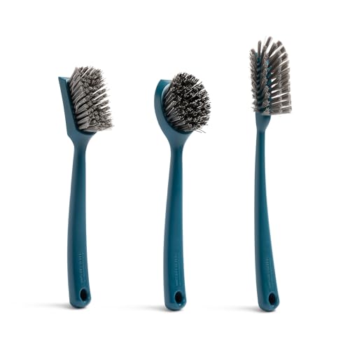 Full Circle Clean Ocean, Variety Dish Brush Pack - Dish Brush, Bottle Brush, and Heavy-Duty Scrub Brush - Sustainably Made 100% from Recycled Ghost Fishing Nets, Safe for Cast Iron & Nonstick - size: Set of 3 Brush Bundle