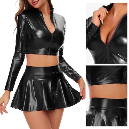 Kepblom Women's Metallic Crop Top Long Sleeve Mock Neck Turtleneck Holographic Zip Up Blouses - color: Black, size: Medium