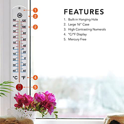 MARATHON Vertical Outdoor Wall Thermometer, 16 Inch Weather-Resistant Temperature Gauge with Large Easy-Read Numbers