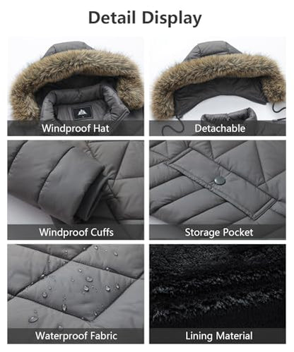 Women's Long Warm Winter Coat Windproof Thickened Fleece Lined Down Jacket Waterproof Puffer Outerwear with Removable Hood - color: Darkgrey, size: X-Large