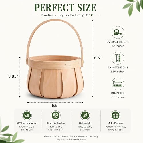 Small Round Natural Woodchip Wooden Decorative Storage Basket with Handle - size: 5.5" Dia x 3.85" H