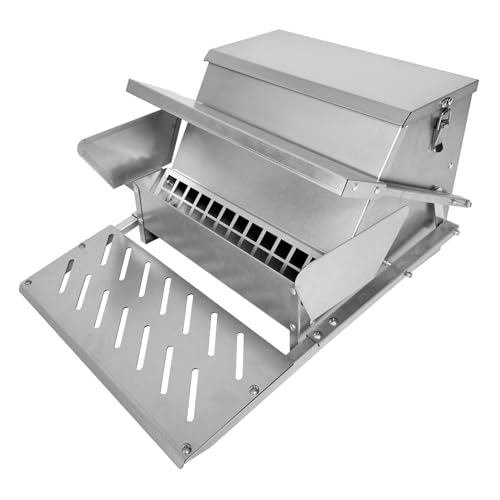 Automatic Chicken Feeder 25lb Capacity Automatic Metal Treadle Feeder Galvanized Steel Treadle Chicken Feeder No Waste Large Poultry Feeder with Locking Lid and Rain Cover for Outdoor Use