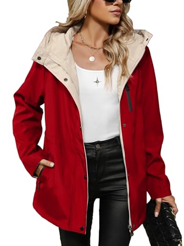 Bellivera Women's Lightweight Coat Windbreaker Zip Up Long Sleeve Jacket Outdoor Raincoat with Hood - color: Red Windbreaker, size: Large
