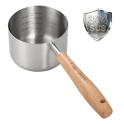 1PCS 1Cup(240ml | 8oz) Dog Cat Food Scoop, 18/8(304) Stainless Steel Measuring Cup with Wooden Handle, Etched Measurements Inside, BPA Free Portion Control for Pets & Kitchen Use - size: 1 CUP