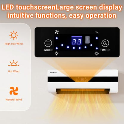 Electric Wall Heaters Space Heater for Indoor Use 1500W Fast Heating LED Display Adjustable Thermostat Room Heater with Remote Control 12H Timer Heater for Bedroom Office