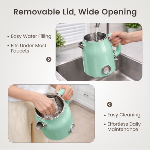 Mecity Retro Electric Kettle 1.7L, Stainless Steel Interior (No Plastic Contact), Double Wall Cool Touch, Fast Boil 1500W, Thermometer (°F/°C), Removable Lid, Wide Opening Easy Cleaning, 120V, Green - color: Light Green