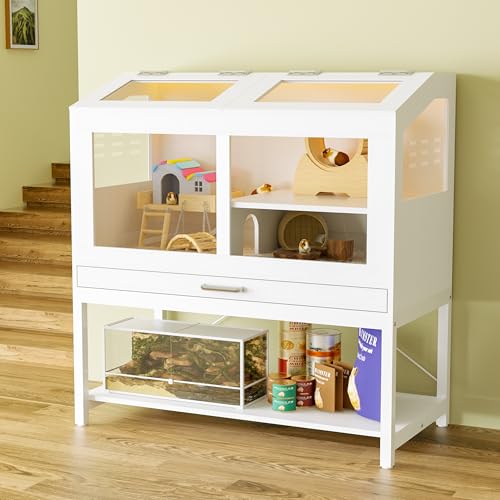 Hamster Cage with Storage Cabinet, Guinea Pig Cage for Small Animals, Large Hamster Cage and Habitat with Easy View Acrylic Panels and Pull Out Drawer for Hamster, Rabbit, Hedgehog, Easy to Clean
