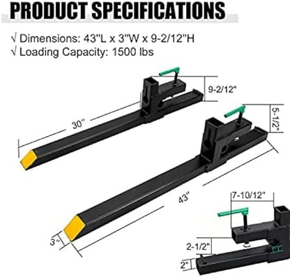 Clamp On Debris Forks To 48-60" Bucket, Heavy Duty Pallet Fork Fit For Loader Bucket Skidsteer Tractor,43''without Stabilizer Bar - size: 43''without Stabilizer Bar