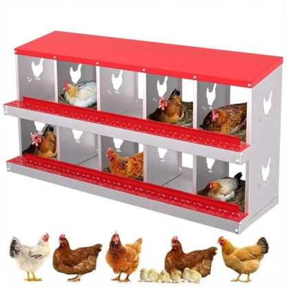 Chicken Nesting Box,10 Holes Galvanized Steel Metal Chicken Laying Box with Automatic Roll-Away Egg Collection System & Removable Tray,Wall Mount Nesting Boxes - color: Red, size: 10 Holes