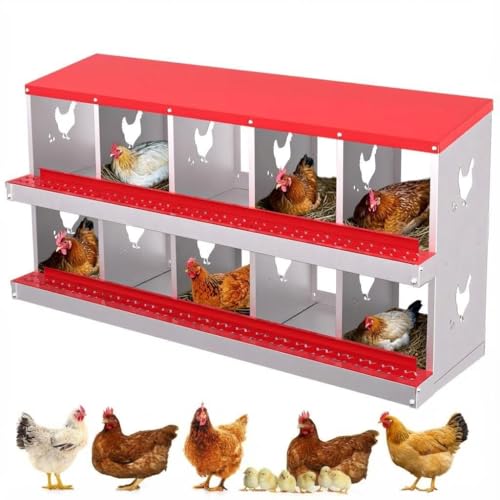 Chicken Nesting Box,10 Holes Galvanized Steel Metal Chicken Laying Box with Automatic Roll-Away Egg Collection System & Removable Tray,Wall Mount Nesting Boxes - color: Red, size: 10 Holes