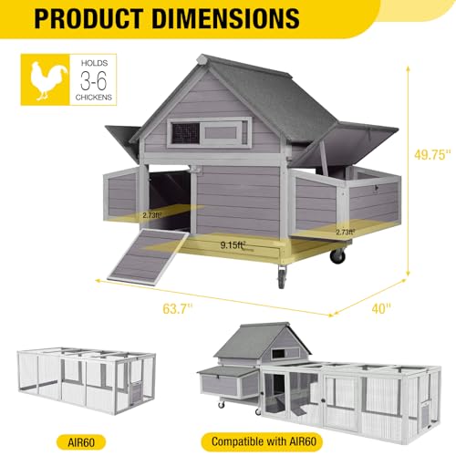 Aivituvin Chicken Coop with Wheels Large Poultry Cage with Two Nesting Boxes Outdoor 19ft² Wooden Hen House - size: 67"L x 39.8"W x 49.5"H