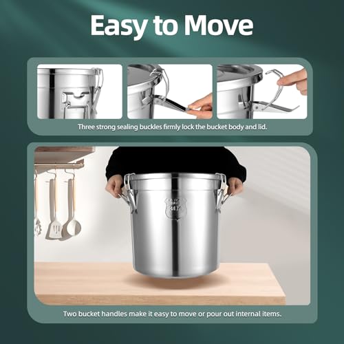 21L/5.5 Gal 304 Stainless Steel Airtight Container, Storage Bucket with Locking Lid, Bear & Rodent Proof for Dog Food, Bird Seed, Coffee, Flour, Water Storage