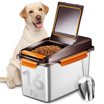 Newget Dog Food Storage Container Stainless Steel with Scoop, 16-lb/11-lb Airtight Metal Pet Food Storage Bin, Cat Food Container for Dry Dog, Cat Food, Bird Seed, Keep Food Fresh, Brown - color: A-Brown