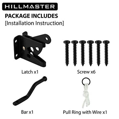 HILLMASTER Upgrade Self-Locking Gate Latch for Wooden Fence Heavy Duty, Automatic Gravity Lever Door Latches with Longer Fasteners & Pull String for Secure Pool, Garden, Black Finish/4.7in - size: 1 Pack