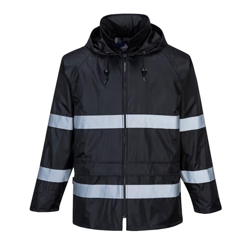 Portwest F440 Men's Hi Vis Waterproof Hooded Rain Jacket - Classic Iona Reflective Rain Coat Black, Large - color: Black, size: Large