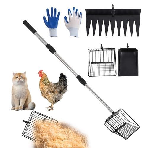 TrailBlaze 3-in-1 Heavy Duty Chicken Poop Scooper Set for Sand – Adjustable Stainless Steel Handle, Rake & Shovel – Easy Clean Poultry Litter Scoop for Chicken Coop, Manure Removal, Cat Litter, Farm