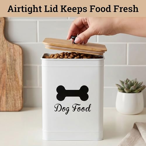 Dog Food Container Airtight Bamboo Lid 5-7 lb, 25 Cups, Sturdy Metal Handle | Pet Jar For Dogs up to 50lbs, Airtight Bamboo Lid, Sturdy Comfortable Metal Handle, Powder Coated Iron, Kibble Storage Bin - color: White
