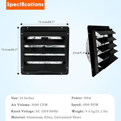 24" Shutter Exhaust Fan, Wall Mounted Shutter Exhaust Fan Aluminum, 3500 CFM High Speed Louvered Vent Fan with Automatic Shutter for Garage, Attic, Workshop, Greenhouse, Black - size: 24Inch, Black