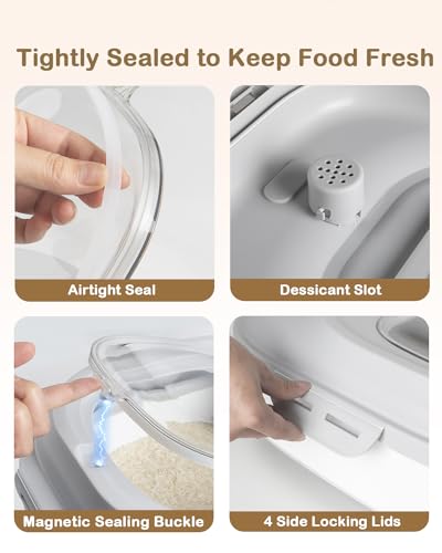 20-50 Lbs Food Storage Container With Wheel, Airtight Locking Lid, Collapsible Rice Container, Flour Storage With Small Container and Scoop, Suitable for Pet Food - color: Grey/20-50LBS